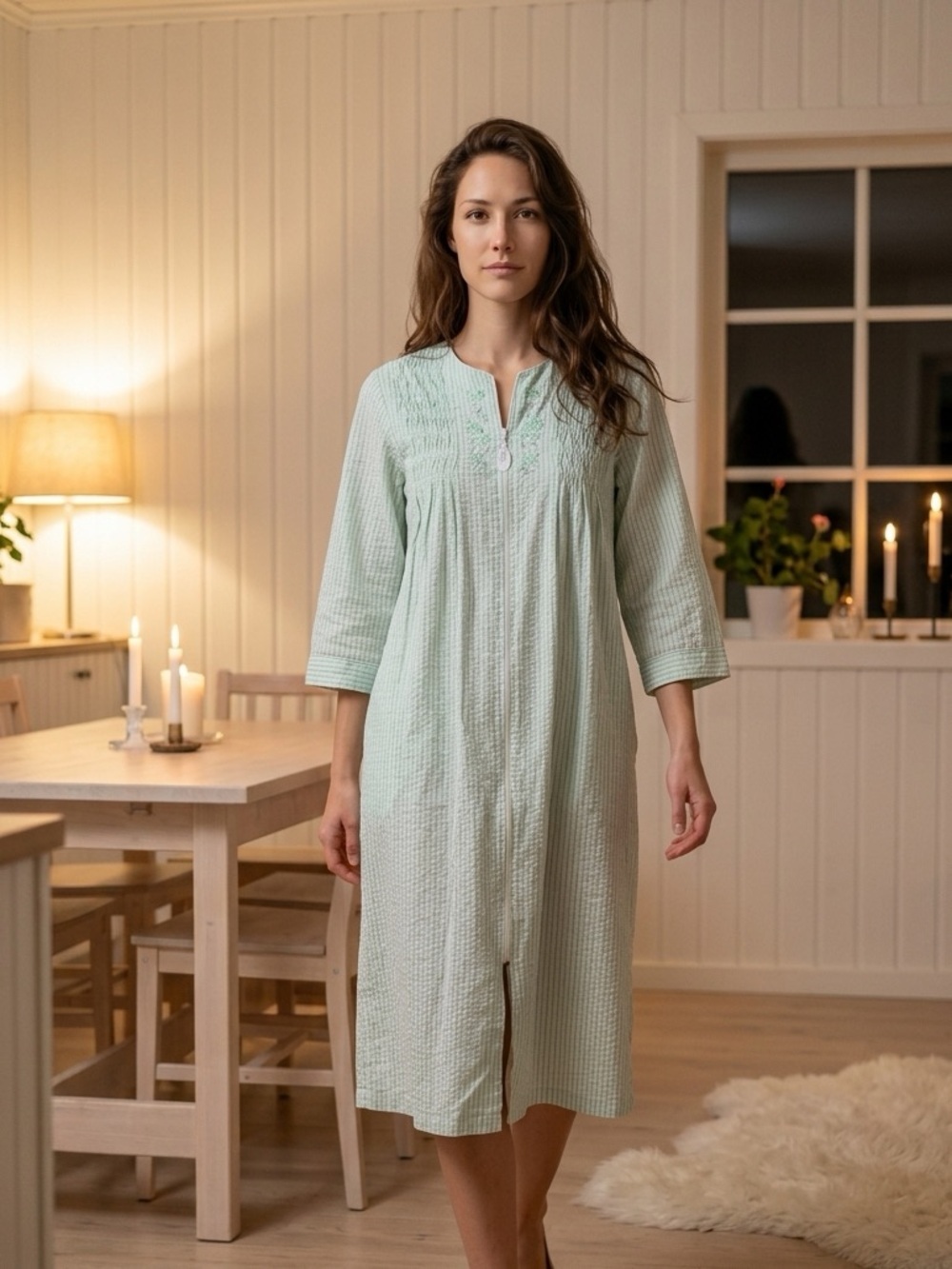 Miss Elaine Vintage Cottagecore grandmacore SEERSUCKER LONG ZIPPER ROBE